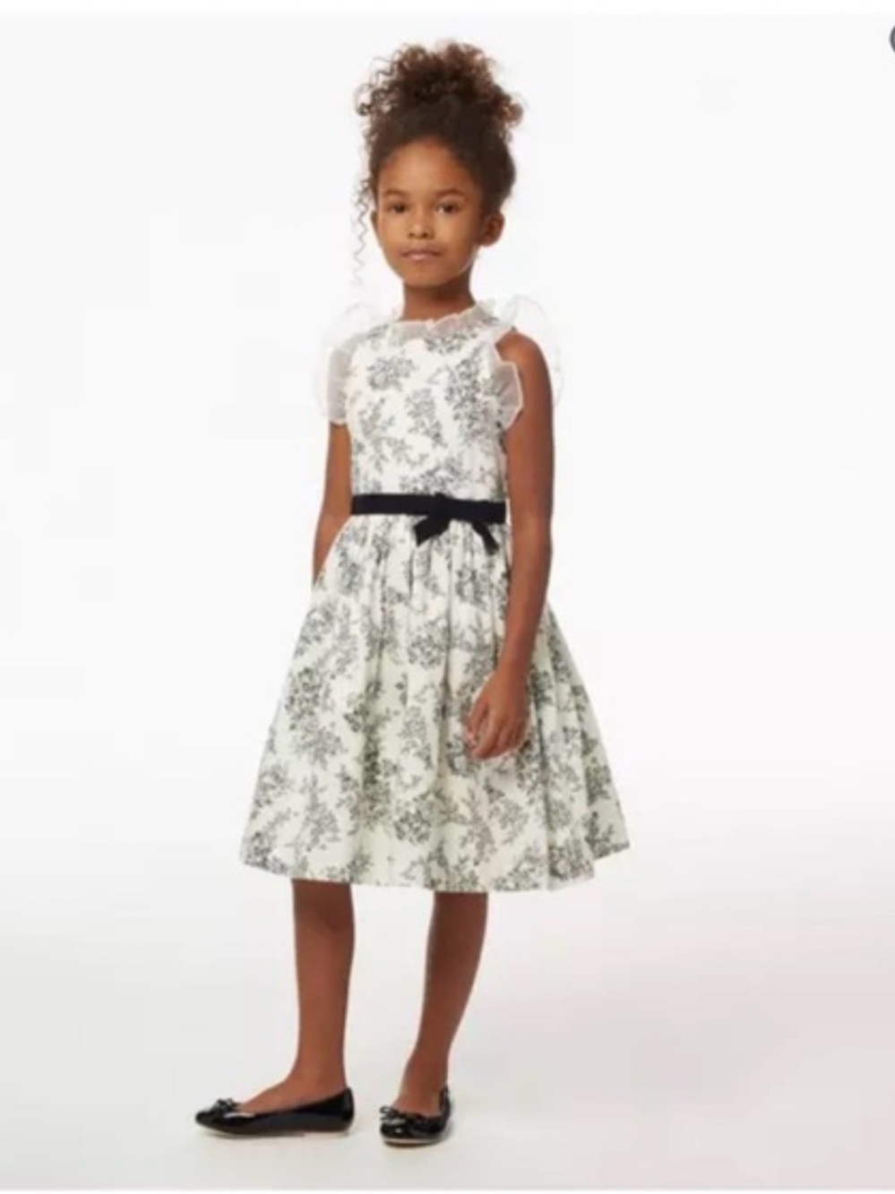 Janie and Jack White Dress with Black Sash and Gray Floral